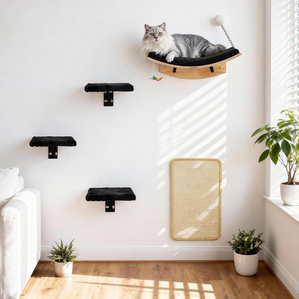 1pc Wall-mounted Cat Furniture Set Scratching and Climbing Post Hammock Bed Wooden Stairway Shelves Indoor House for Kittens