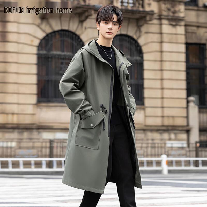 ROMON Men's Mid-length Hooded Trench Coat