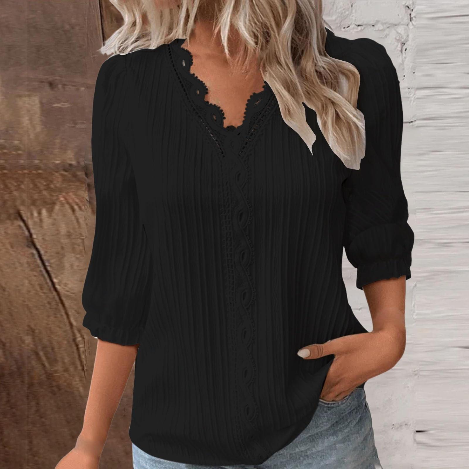 

Жіноча мода повсякденний стильний порожнистий топ із середнім рукавом, суцільний колір L чорний