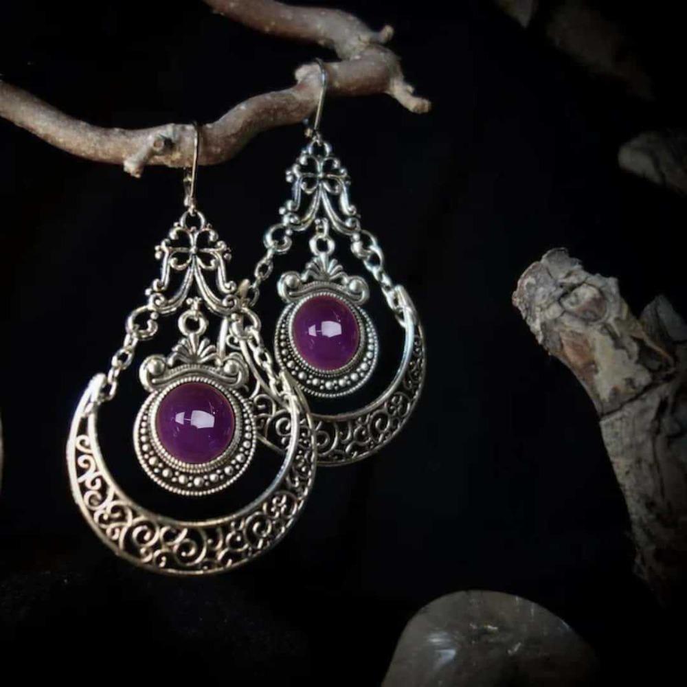 Bohemian Devil Eyes Moon Sliver Color Filigree Colored Gemstones Dangle Earrings for Women Gothic Halloween Party Jewelry Gifts