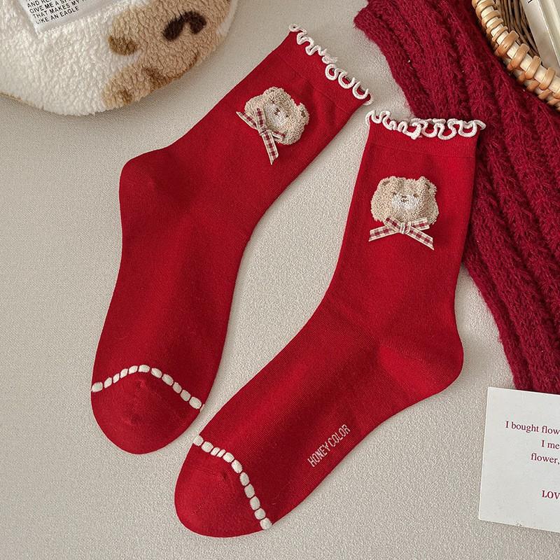 Red Socks Pure Cotton Tube Socks Season Cute Cartoon New Year Big Red Boneless Pile Socks