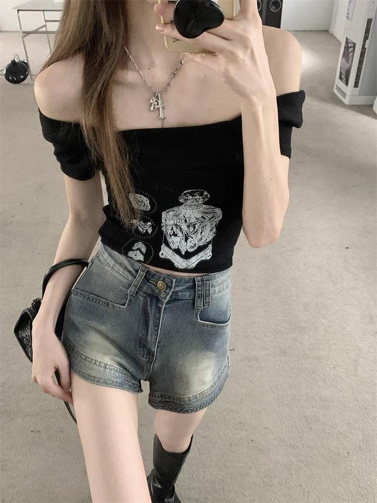 American Retro High Waist A-line Denim Shorts for Women - Summer Style, Elastic Fit, Super Short Hot Pants