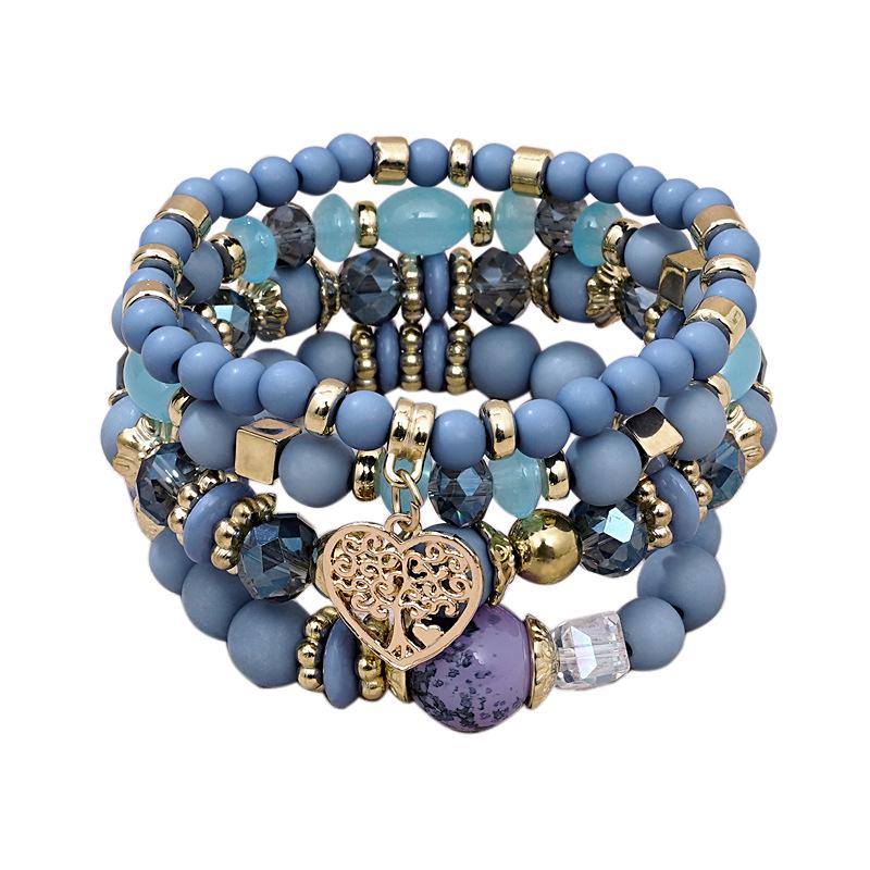 Bohemian Ethnic 4-Piece Bracelet Set: Multi-Layer Stackable with Peach Heart Tree Pendant & Acrylic Beads.