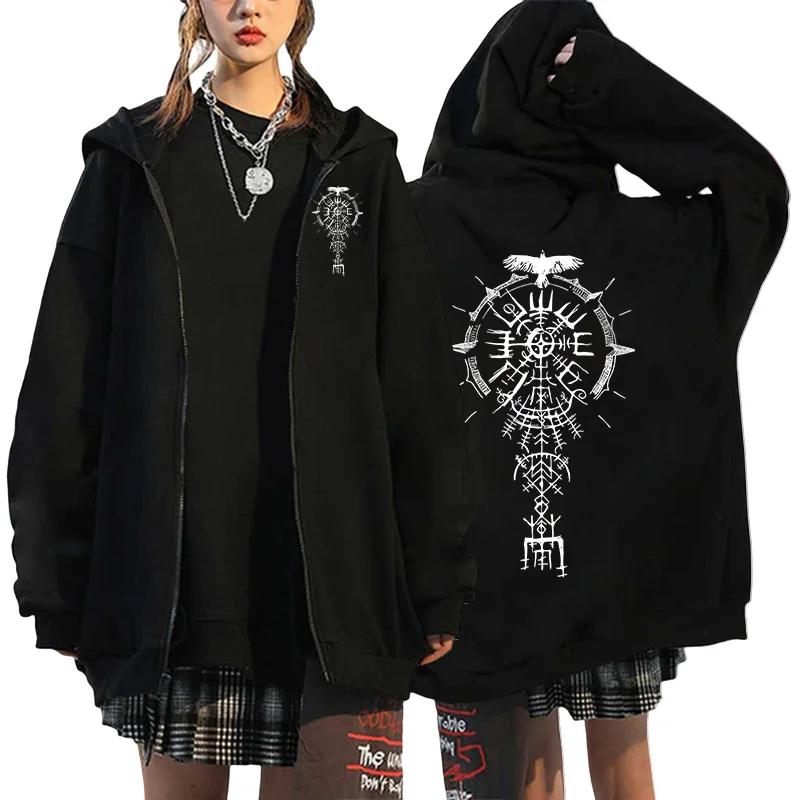 Damen Reißverschluss Hoodie Antike Wikinger Rabe Kunstdruck Sweatshirt Herbst Täglich Lässig Modejacke Y2K Gotischer Mantel
