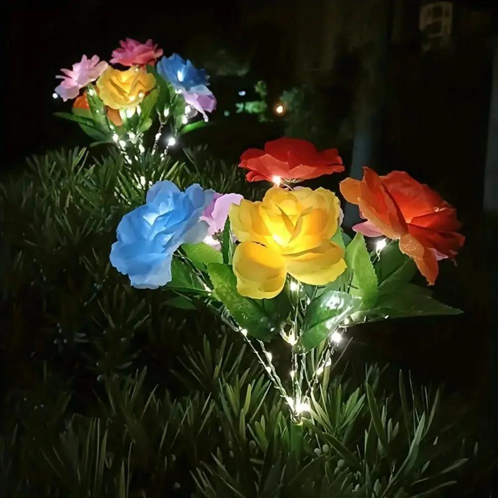 1 Bundle 7-Head Color Solar Rose Simulation Garden Light, LED Ground Inserted Atmosphere Decoration Light for Pathway Patio Gard