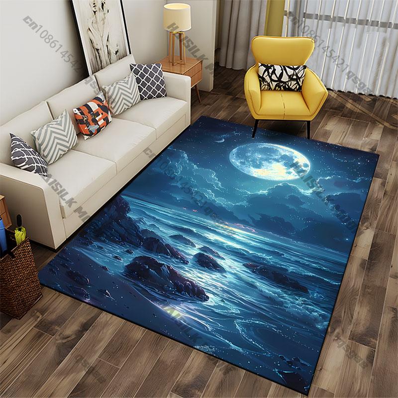 Moonlit ocean under night sky carpet Yoga living room room decor children's crawling mat doormat area rug games mat