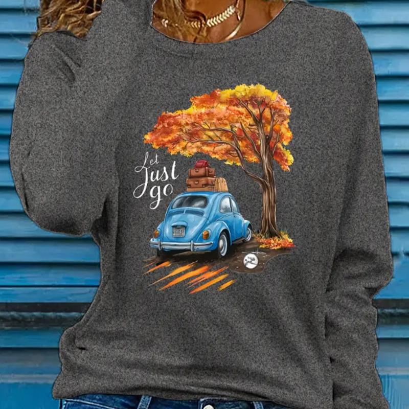 Top da donna Albero dorato Stampa auto Girocollo Manica lunga T-shirt Autunno Casual Slim Pullover Top da donna a manica lunga