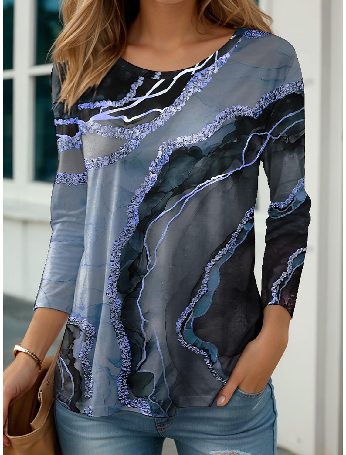 

2024 Women s T shirt Tee Tops Graphic Abstract Print Long Sleeve Daily Weekend Fashion Crew Neck Regular Fit Spring & Summer 8XL