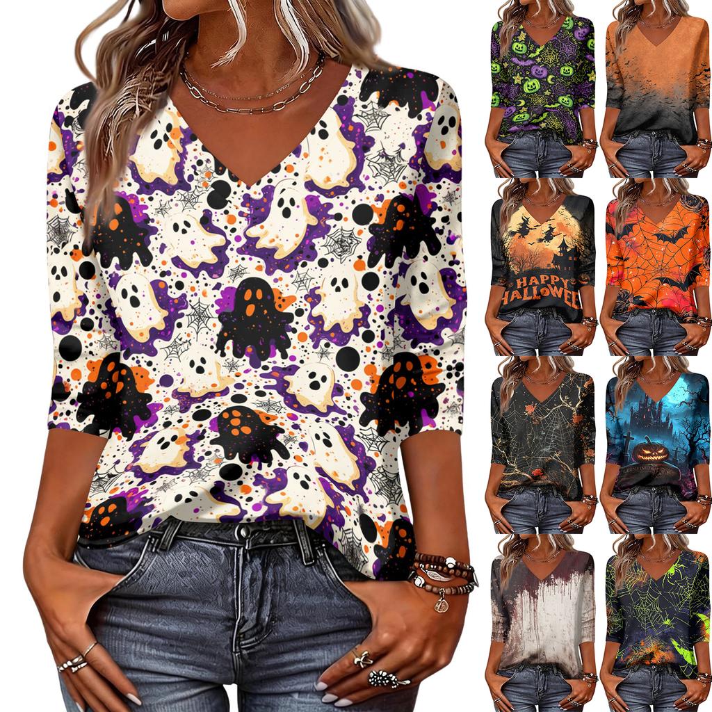 Women V Neck Casual Top Halloween Print 3/4 Sleeve Lightweight Blouse for Everyday Wear Comfortable Fit