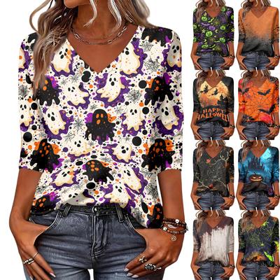 Women's Casual V Neck Top Halloween Print Three Quarter Sleeve Blouse Lightweight Comfortable Fit Stylish Design for Everyday Wear