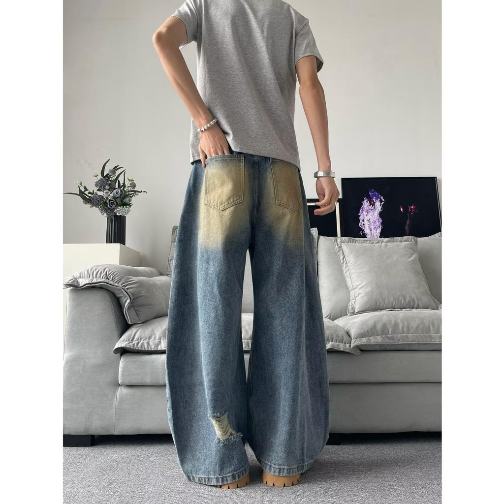 Zerrissene Jeans Herren Neue Sommer High Street Hip Hop Amerikanischer Retro Hip Hop Gewaschen Locker Weiter Bein Lange Hose