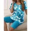 Women's Plus Size Tropical Leaf Print Short Sleeve Top & Capri Pants 2 Piece Lounge Set