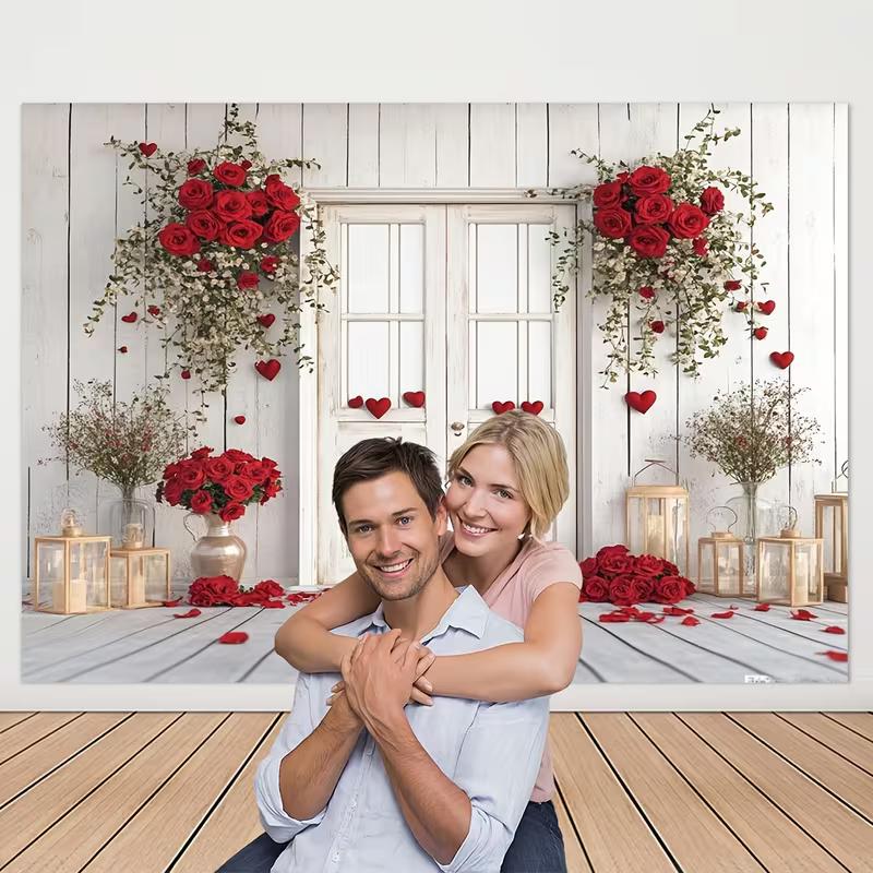 2D Red Rose Valentine s Day Backdrop, White Wood Door Photography Background Banner 47.2x31.5inch/120*80cm