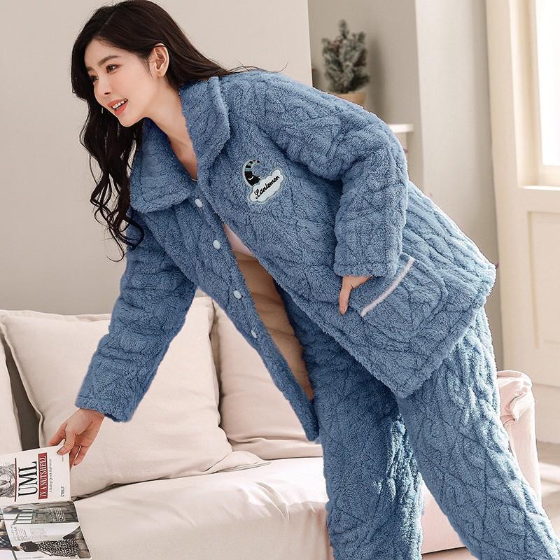 Womens Coral Fleece Quilted Pajama Set Winter Warm Flannel Loungewear