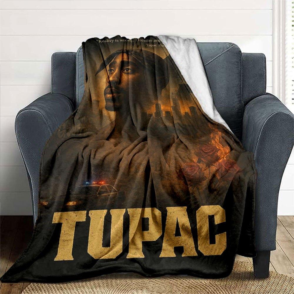 1pc 2PacHip Hop Blanket Soft Lightweight All Season Multi Purpose Throw for Sofa, Bed, Office & Picnics, French Style with Iconic Album Art & Quotes