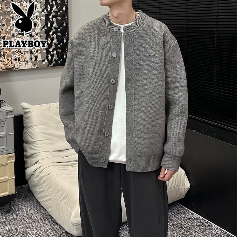 PLAYBOY Unisex Chunky Knit Baseball Collar Cardigan Sweater M