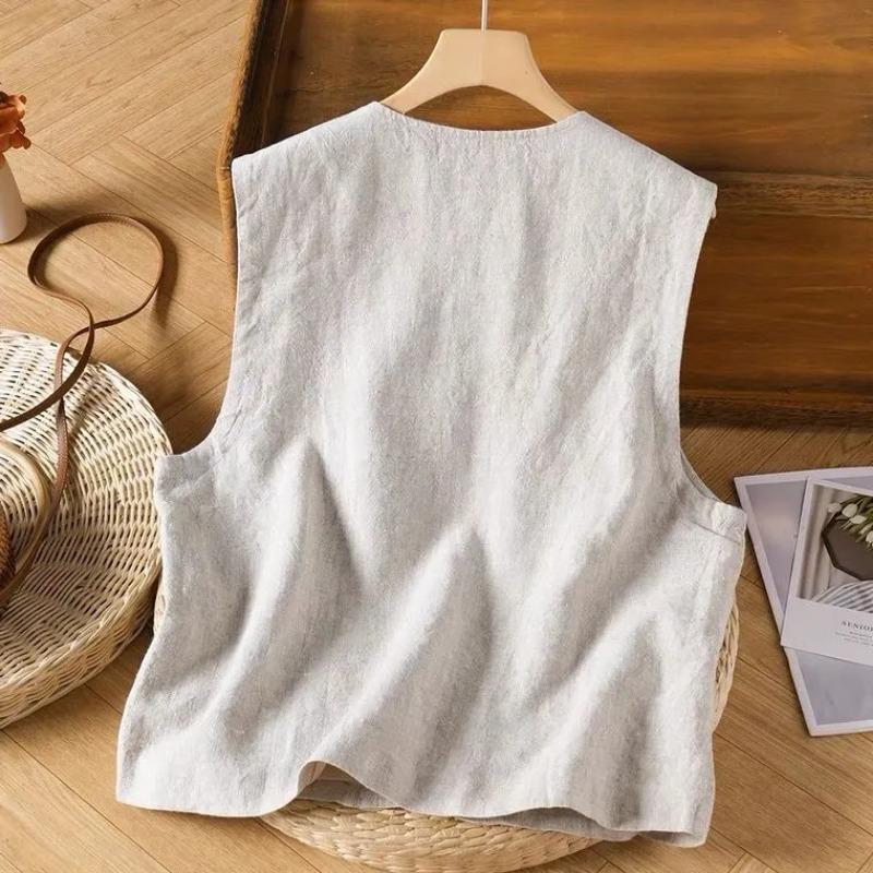 Gilet Lin Gris Clair Femme Col Rond Boutonnage Asymétrique Sans Manches Gilet Décontracté •