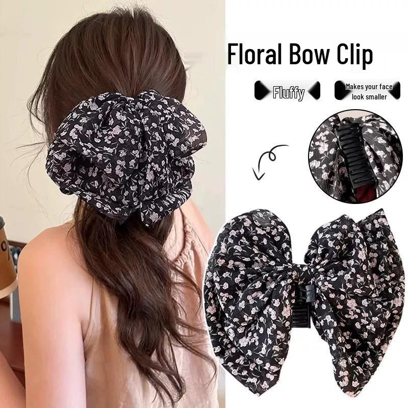 Handmade Chiffon Floral Bow Ponytail Clip for Voluminous Hair
