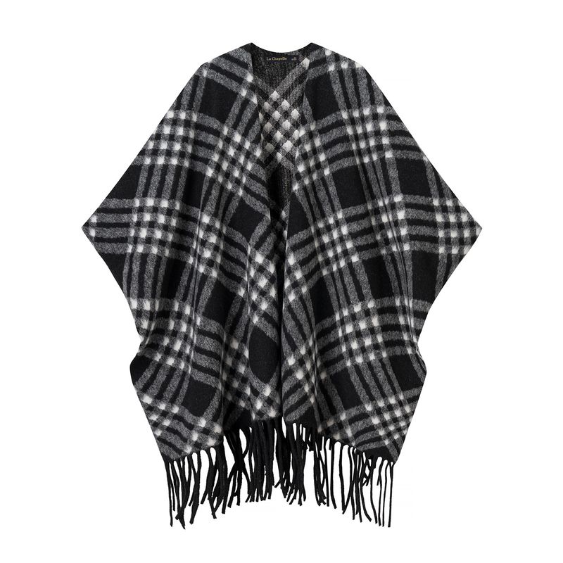 

La Chapelle Retro Plaid Tassel Cape and Shawl Women s Ethnic Style Outer Scarf Cardigan Black Check One size
