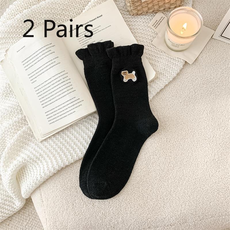 2 Pairs of Plush Socks for Women's Autumn and Winter Mid-calf Socks, Embroidered Cute Cartoon Dog, Australian Plush Thickened Milk Plush Socks