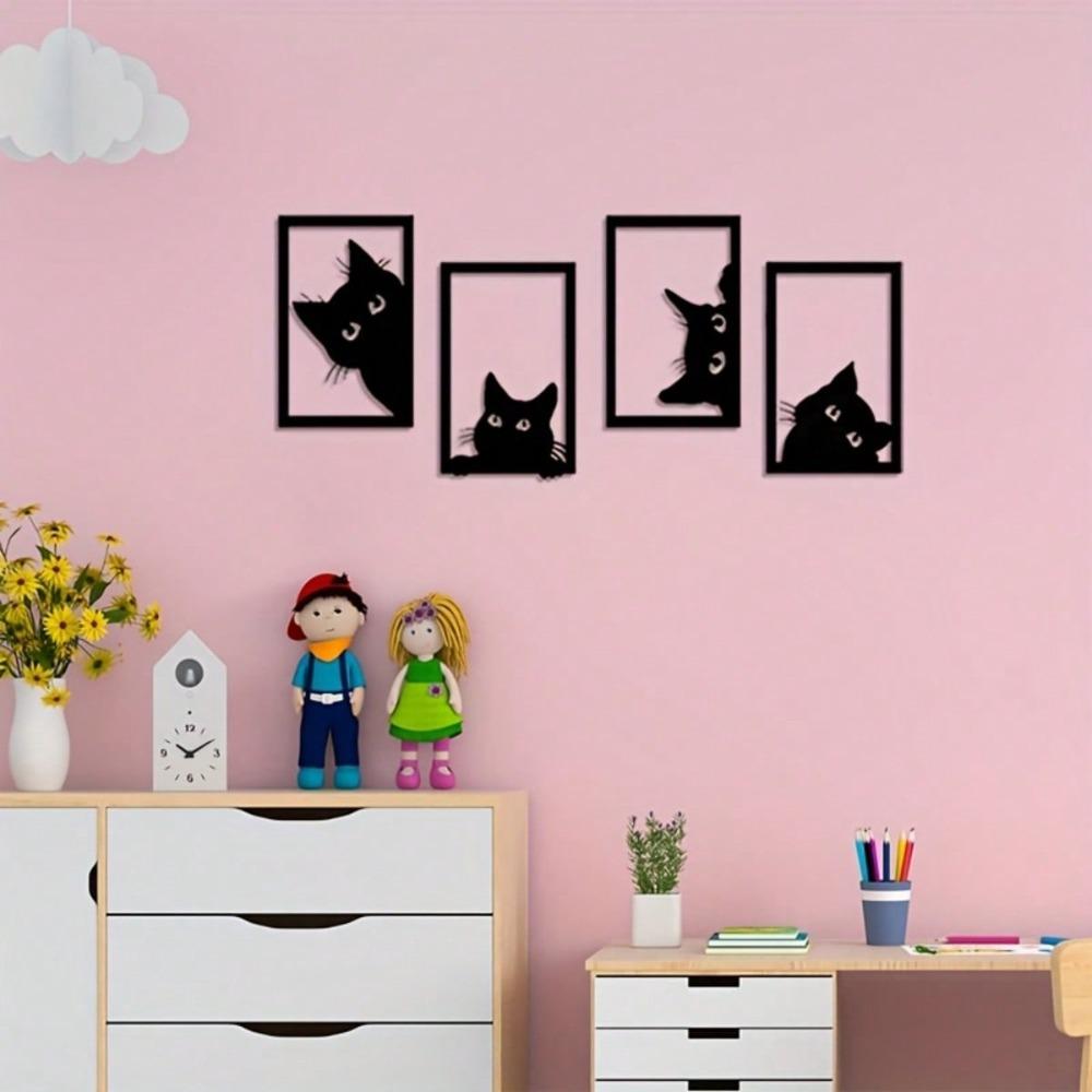 Four Piece Black Metal Cat Wall Art, Modern Animal Silhouette Sculpture Decor for Home Office Cafe