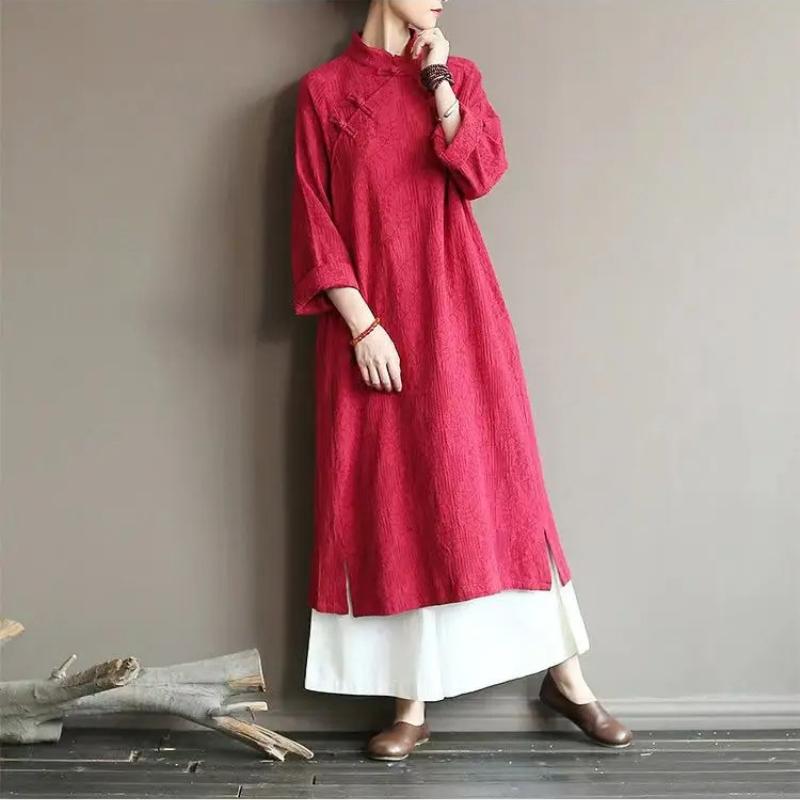 Italian Women's Overstock Clearance Vintage Frog Button Cotton Linen Dress Casual Elegant Maxi Dress