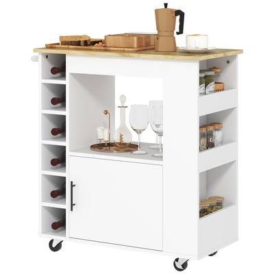 Kitchen Cart, Rolling Kitchen Island, Kitchen Trolley with Compartments, Wine Racks, Cabinet, and Worktop, White