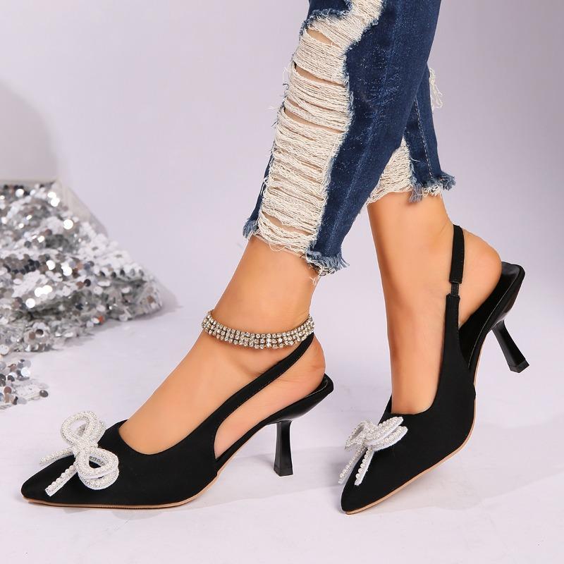 Plus Size Women Pointed Toe Pearl Bow Stiletto Buckle Back Strap High Heel Sandals