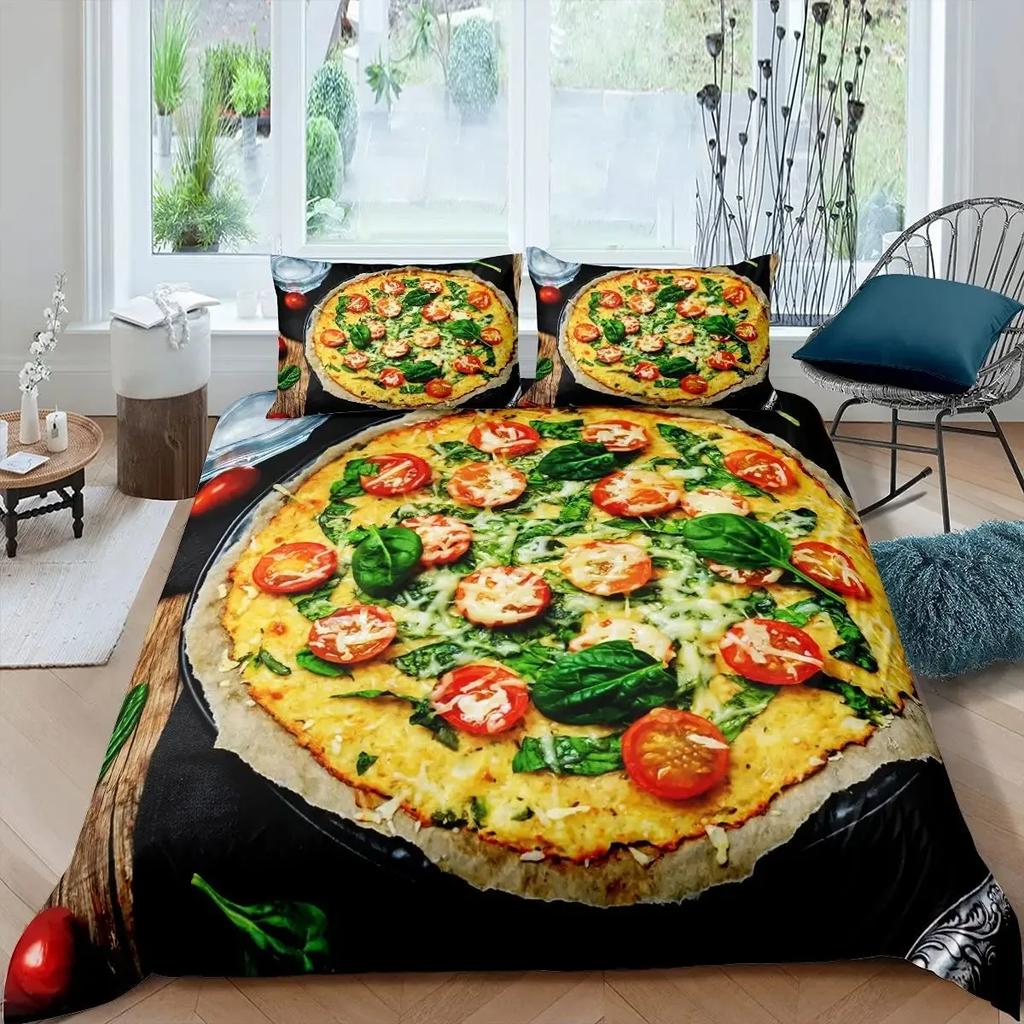 Pizza Bettbezug-Set Käsepizza Bettwäsche-Sets Pepperoni Nudeln Bettdeckenbezug-Set Full Queen Größe Lebensmittel-Thema Gesteppte Decke