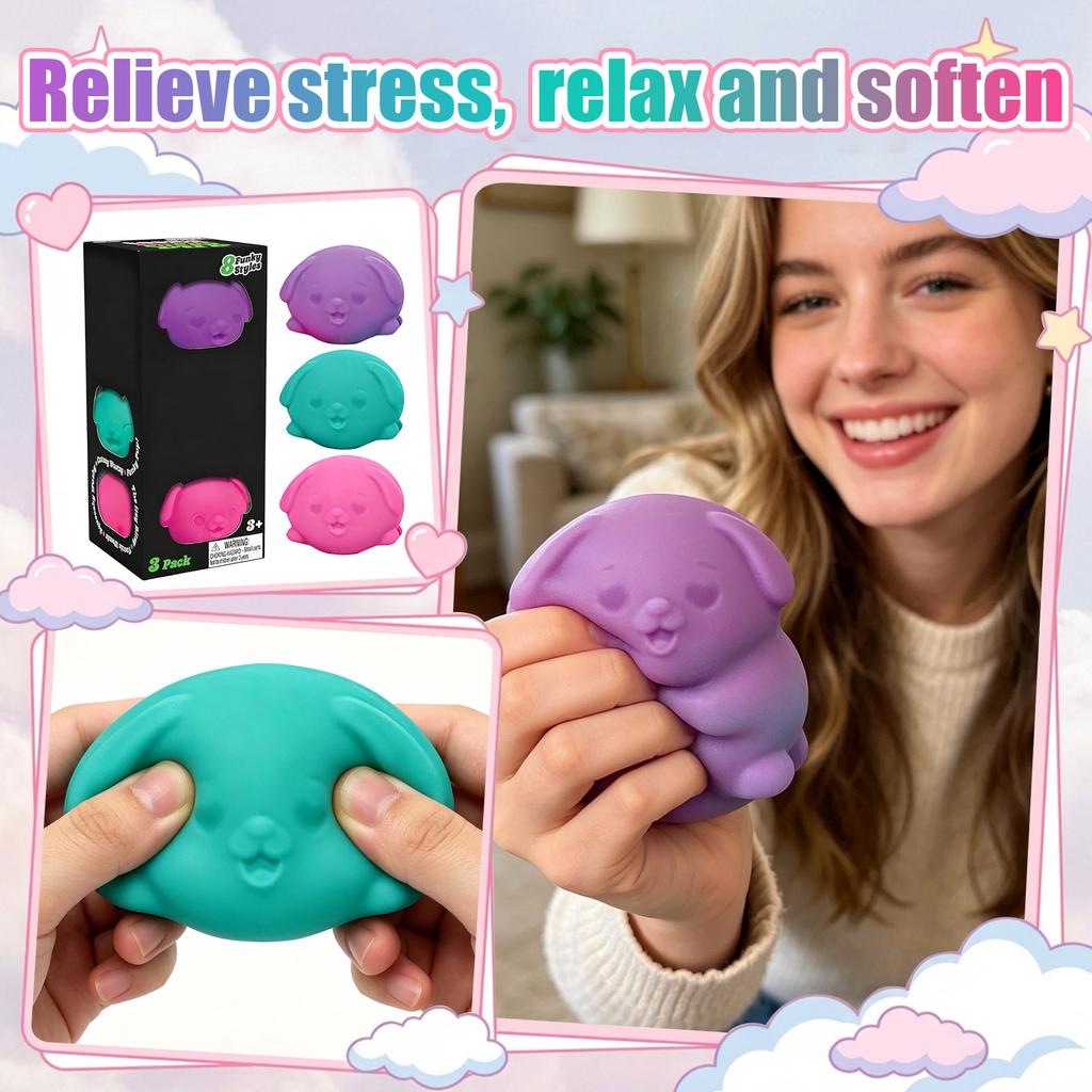 Set of 3 Squeeze Stress Relief Toys Soft Slow Rebound Puppy Shape Finger Toys for Anxiety and Sensory Play