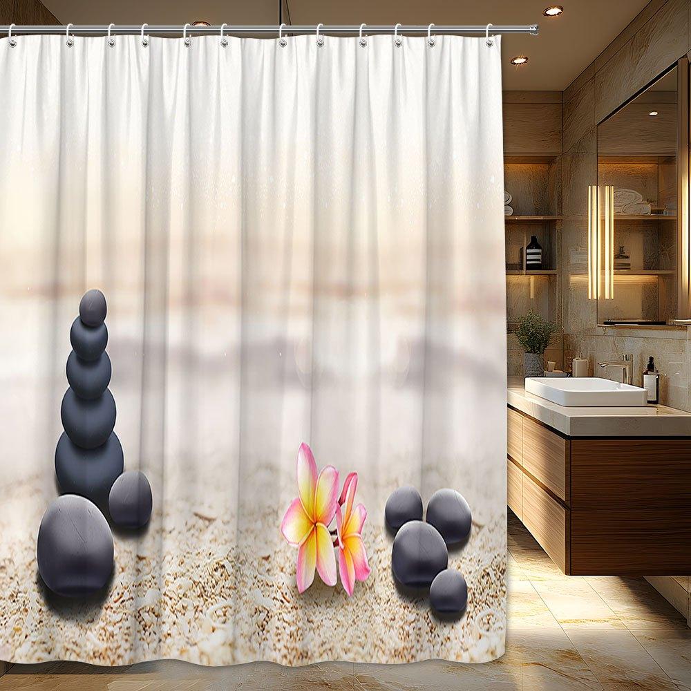 "1pc Minimalist Beach Scene Shower Curtain - Stones & Hibiscus, 70.87x70.87", Polyester, Machine Washable, 12 Hooks