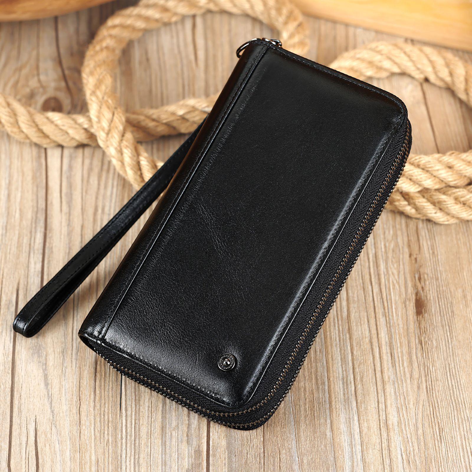 

Вместительный клатч, длинный винтажный кошелек из кожи с масляной восковой пропиткой, мужская сумка из натуральной кожи One Size чёрный