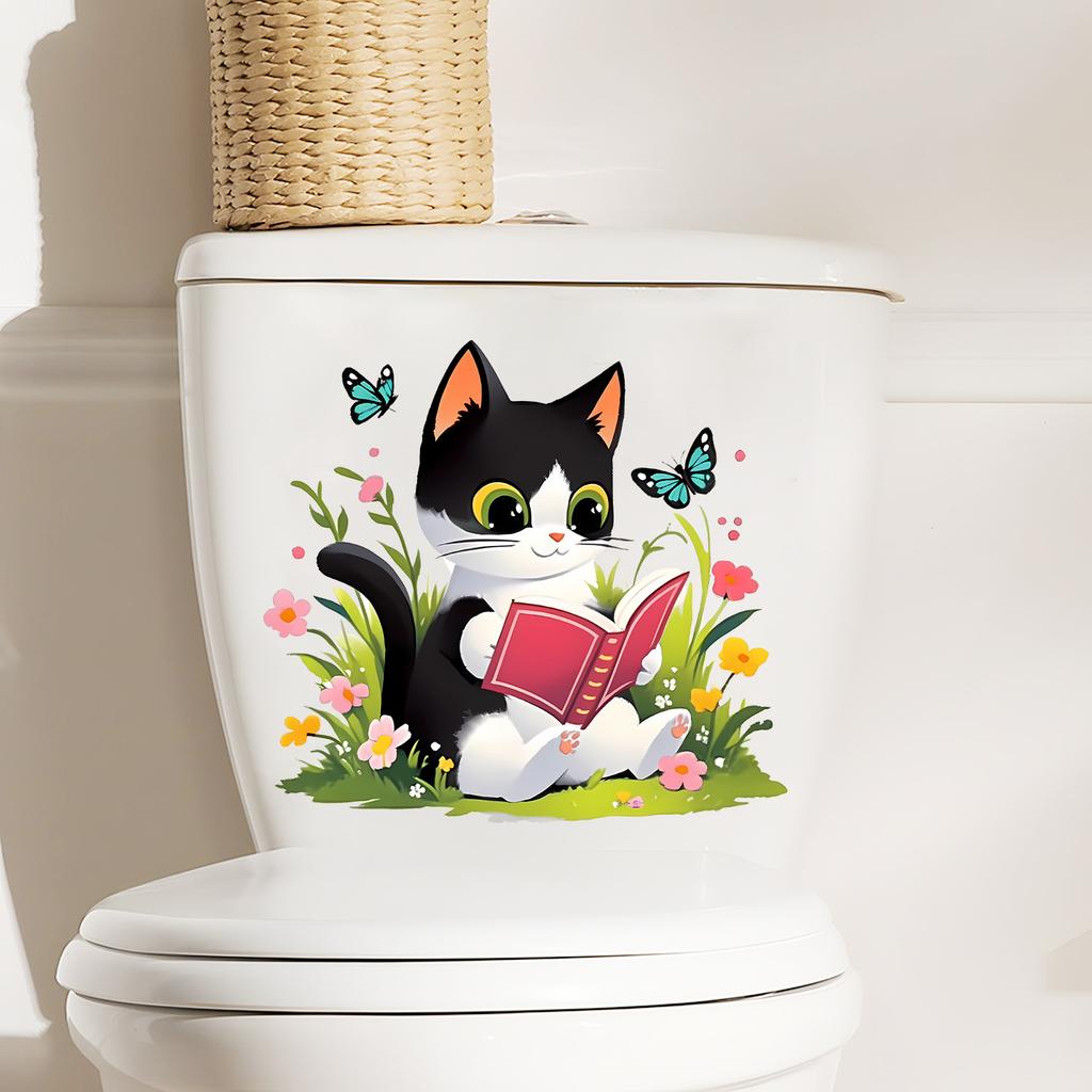 Reading Kitten with Butterflies and Flowers Toilet Wall Sticker Self-Adhesive Removable for Bedroom Living Room Bathroom Decor