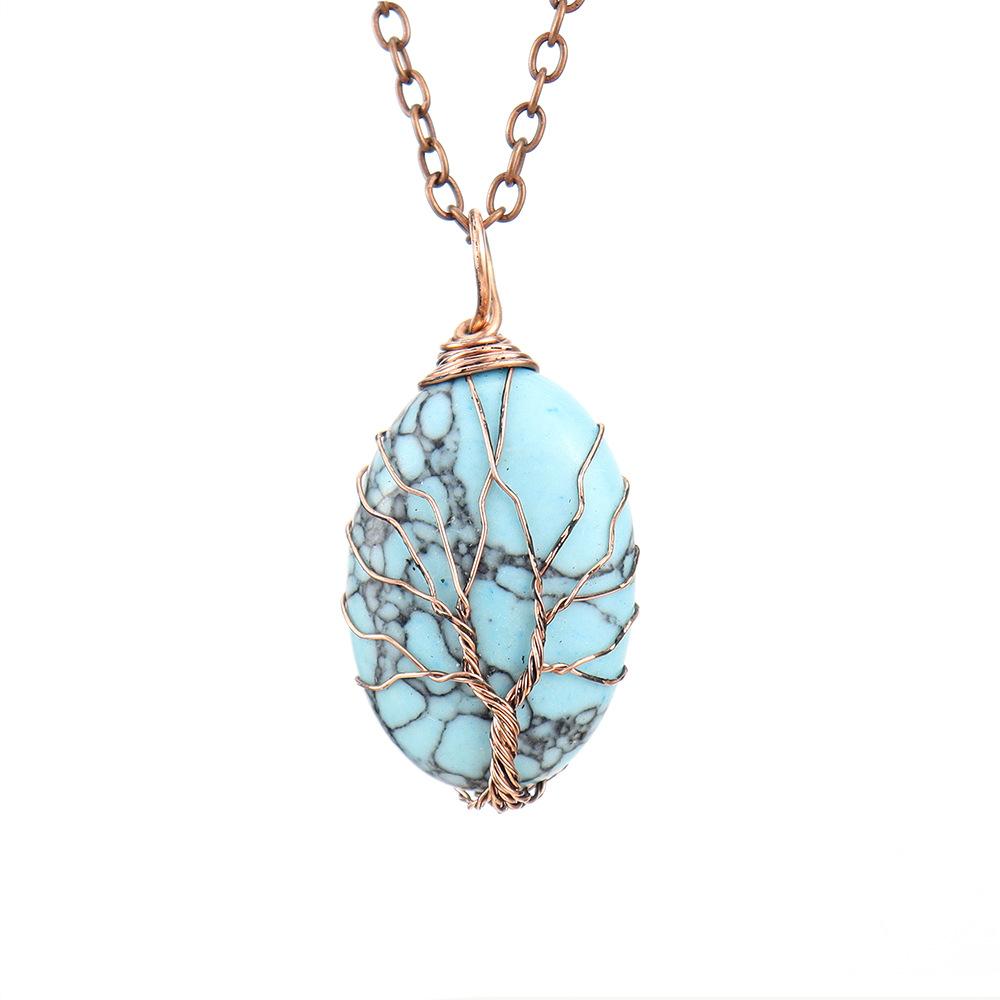 Natural Crystal Rough Stone Hand-Wound Egg-Shaped Tree Of Life Pendant Necklace N645