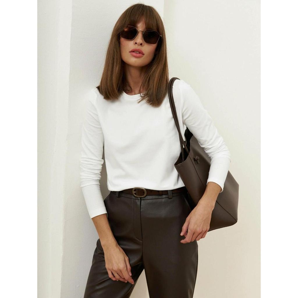 2025 Spring New Women's Cotton Long Sleeve T-Shirt Fashion Casual Versatile Office Round Neck Pullover Top