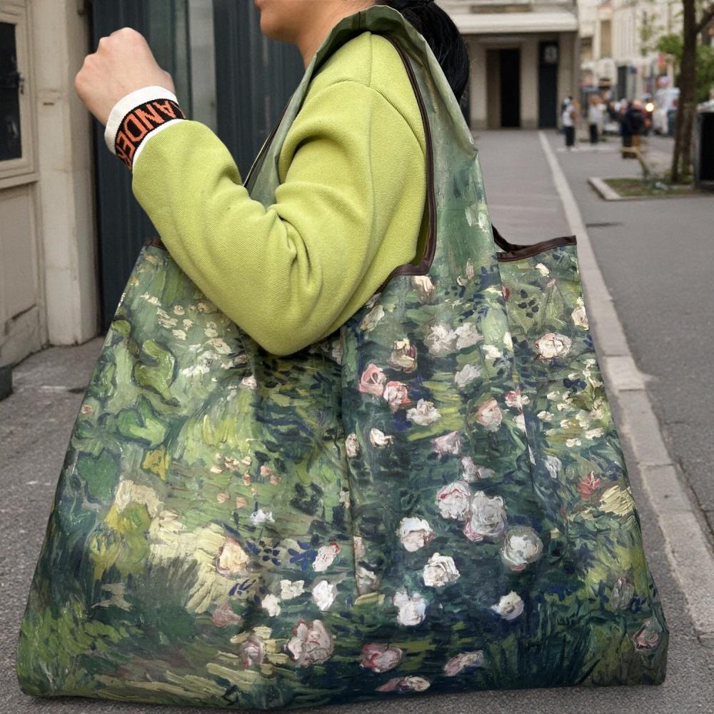 Large Foldable Shopping Bag Fashion Oil Painting Reusable Grocery Storage Bag Oxford Portable Shoulder Handbag Tote Bag