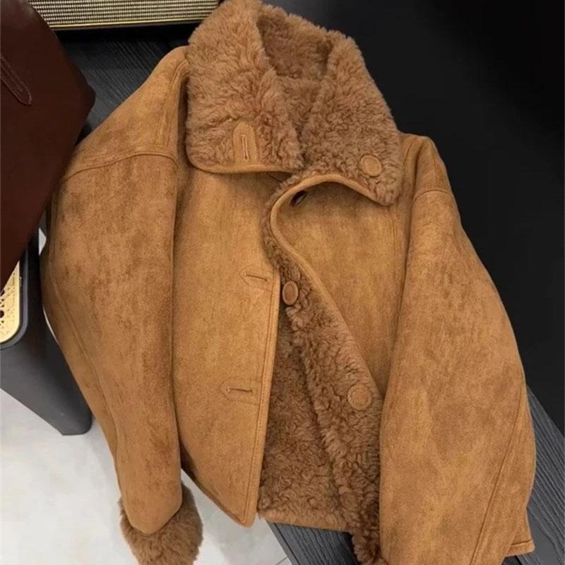 Damen Kunstpelzjacke Kaffeefarben Kleiner Duftiger Stil Lammwolljacke Retro Lässig Winter Warmer Mantel