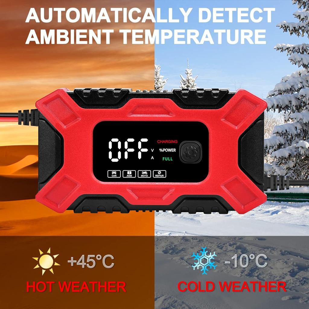 2024 12V 6A Intelligent Car Battery Charger Pulse Repair for Auto SUV AGM Deep Cycle GEL Lead-Acid Fast Smart Charging