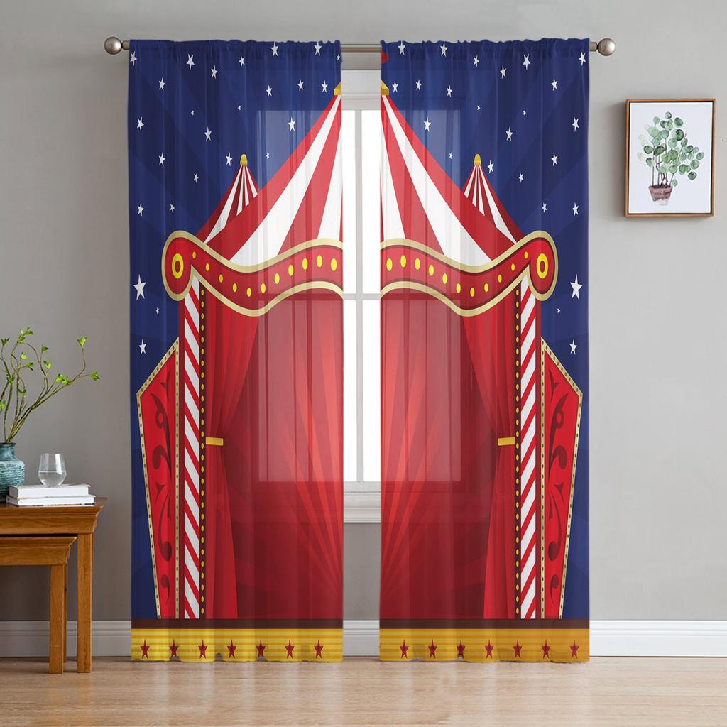 Acrobatic Field Circus Star Retro Style Tulle Sheer Window Curtains For Living Room Bedroom Modern Voile Organza Curtains Drapes