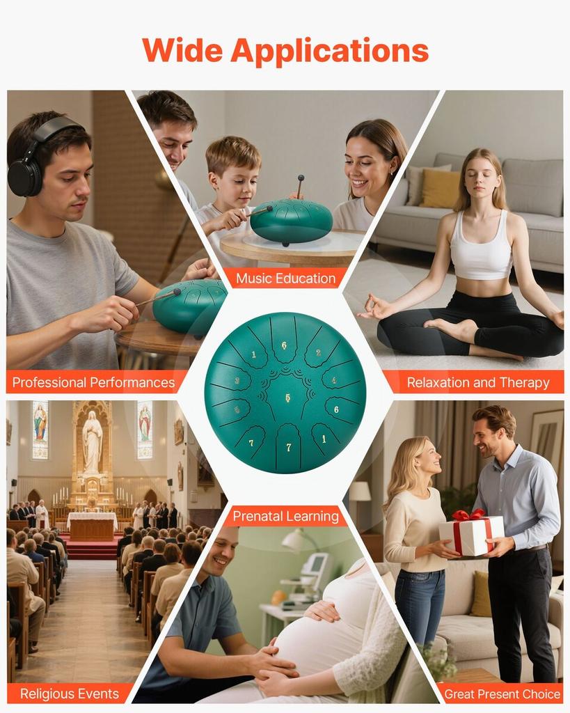 Steel Tongue Drum, 25.4cm 11 Notes Rain Drum for Outside Garden, C Major Musical Drums with Music Book & Mallets, Percussion Instrument for Meditation