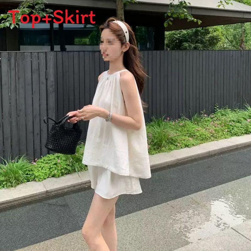 Mädchen Sommer Freizeit Sets Mit Leinenstoff Für Frauen Leicht Ärmellos Tanktop Und Shorts Outfit