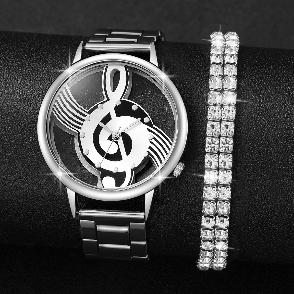 

2pcs/set Women Stainless Steel Musical Note Quartz Watch with Diamond Bracelet срібний