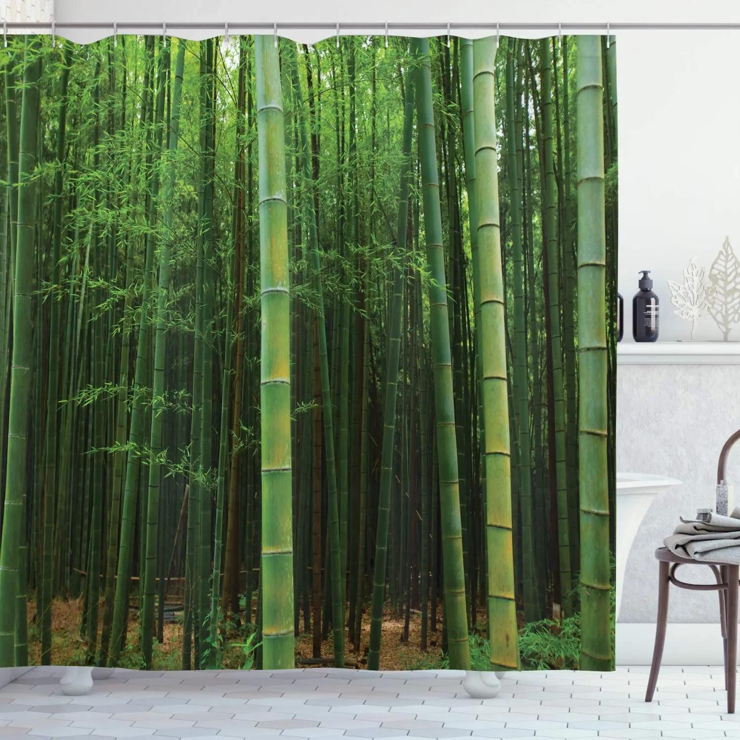 Geel Groen Bamboe Lotus Douchegordijn Badkamergordijnen Plant Bloem Natuurlijk Landschap Stof Achtergrond Muurdecoratie Scherm Haak 47x70in-120x180cm