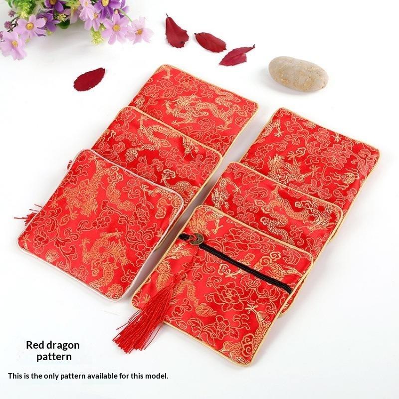Traditional Chinese Brocade Square Pouch Embroidery Pattern Tassel Zipper Waterproof for Jewelry Cosmetic Home Travel Use