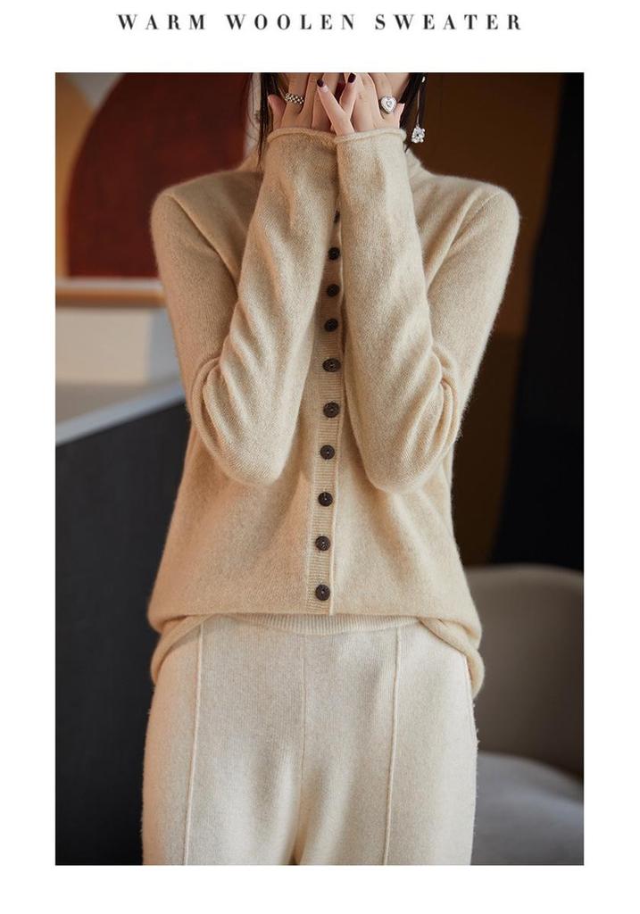 Women's 100% Wool Stand Collar Seamless Cardigan - Loose Knit Long Sleeve Cashmere Coat for Autumn/Winter