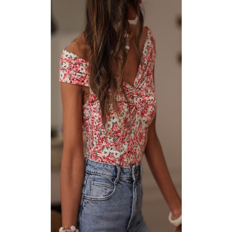 Damen Blume Muster V-Ausschnitt Ärmellos Lässig Schlank Crop Top T-Shirt