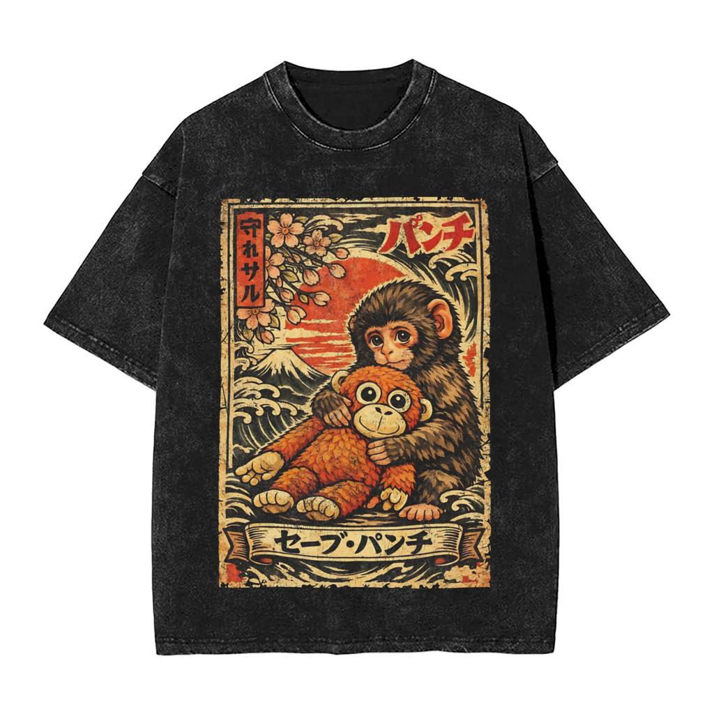 Men T Shirt Team Punch Monkey Washed T Shirts Hipster Summer Tees Y2k Retro Pattern Cotton Tops Gift Idea