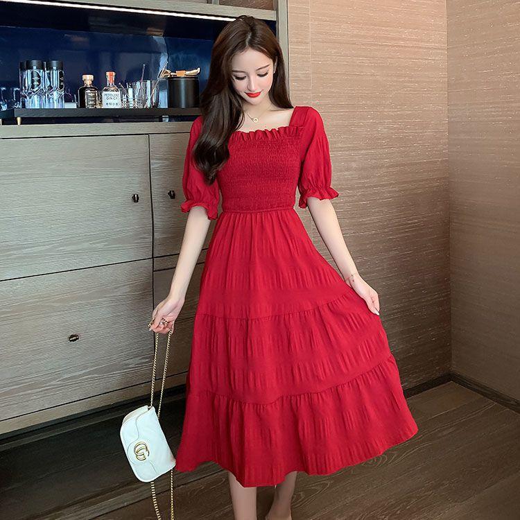 Spring Summer Chiffon Women Dresses Female Short Sleeve Elastic Waist Printed Floral Midi Dress Pleated Backless Casual Dress