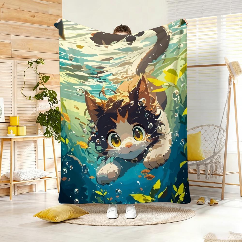 Pastel Healing Design Spiritual Cat Throw Lightweight Flannel Blanket Soft Skin-Friendly For Summer Cooling