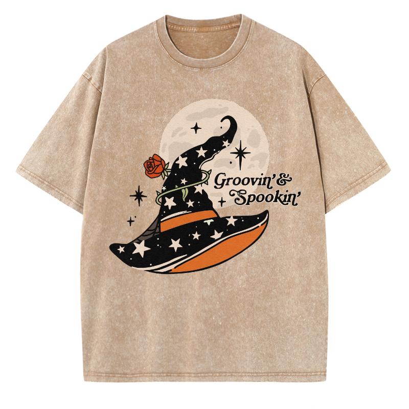 Halloween Print Women's T-Shirt Washed Denim Cotton Short Sleeve Oversized Crew Neck Top For Everyday Casual Wear